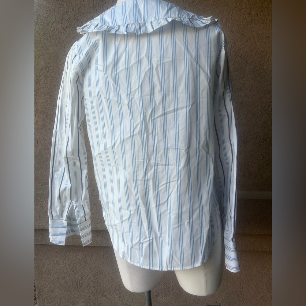 Anthropologie Maeve White & Blue Striped Ruffle-Collar Button-Down Blouse - Picture 3 of 6